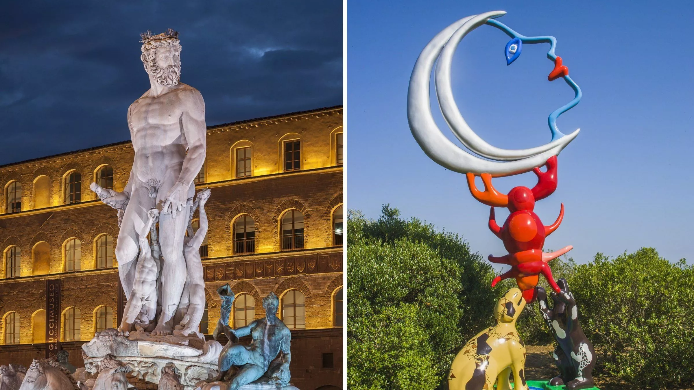 In der Toskana sind alte und neue Kunst zuhause: Der Brunnen von Neptun an der Piazza della Signoria in Florenz (links), eine Statue von Niki de Saint-Phalle