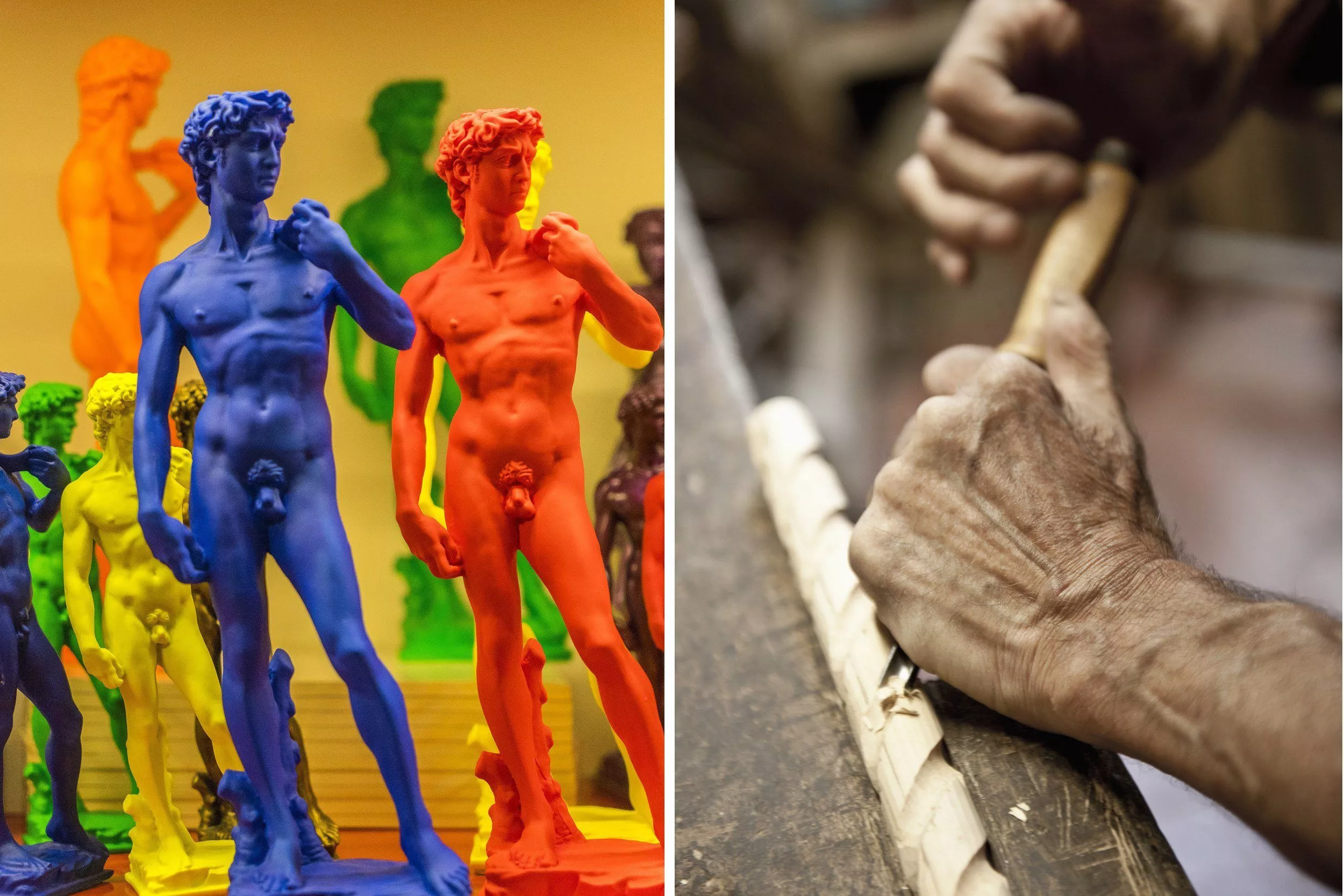 Florentiner Kunsthandwerk: links, Michelangelos David in den Trendfarben der Saison, rechts die Werkstätten San Frediano