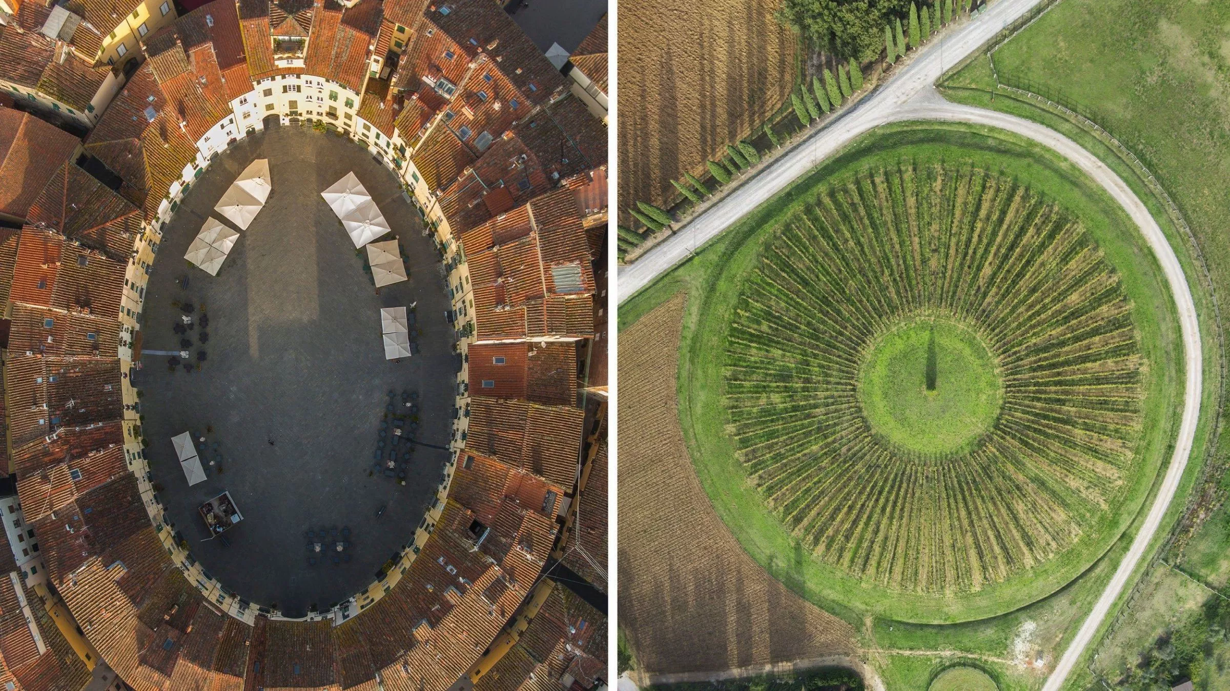 Eine runde Sache: Die Piazza Anfiteatro in Lucca (links) und der kreisförmige Weinberg Vigna Tonda bei Vagliano