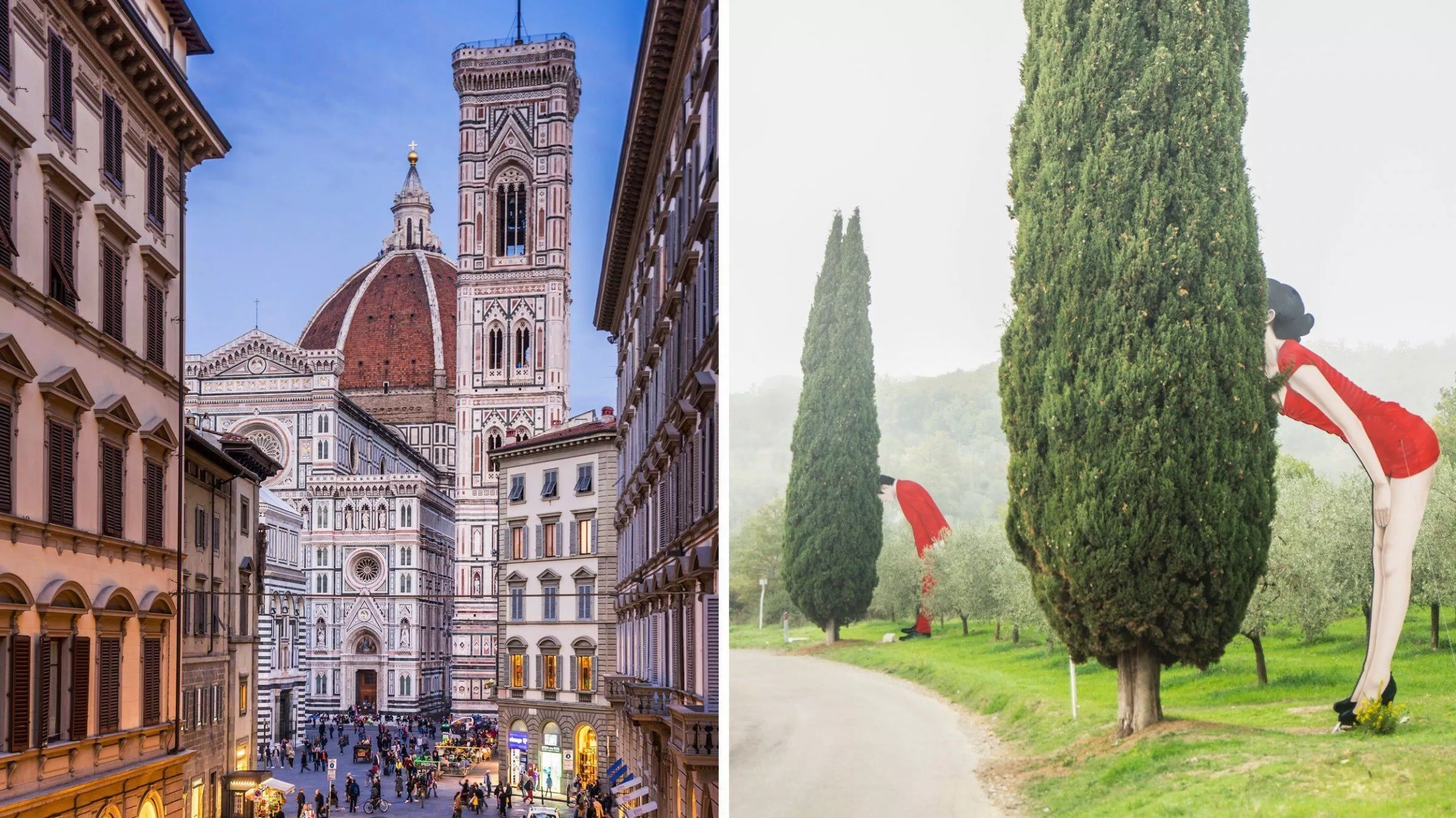 Künstlerische Wow-Effekte: Brunelleschis Domkuppel mit Giottos Campanile in Florenz (links), versteckte Skulpturen bei Asicano im Chianti