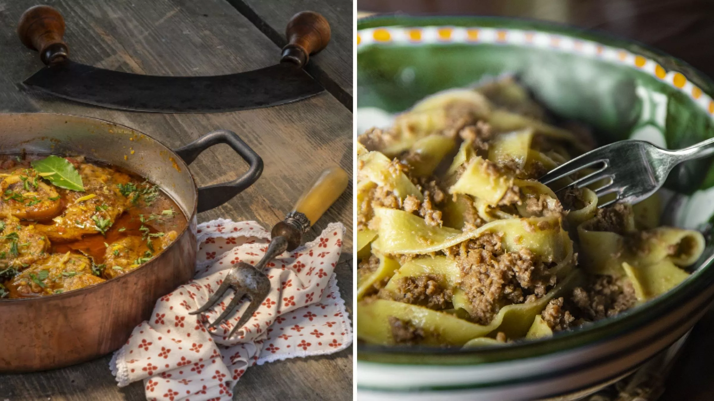 Herzhafte Spezialitäten aus der Toskana: geschmortes Rindfleisch (links) und Pappardelle al sugo di nana