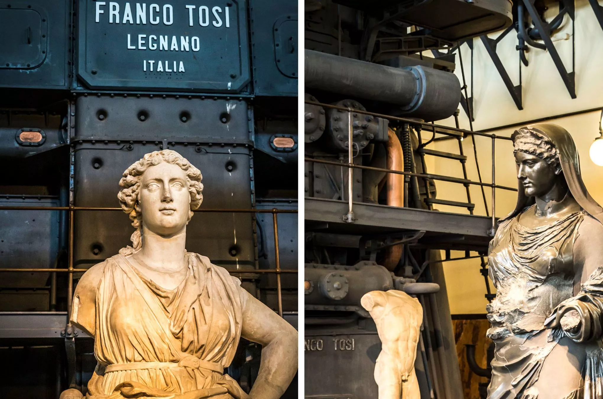 Etwa 400 antike Skulpturen sind vor den Maschinen aus dem 20. Jahrhundert zu sehen
