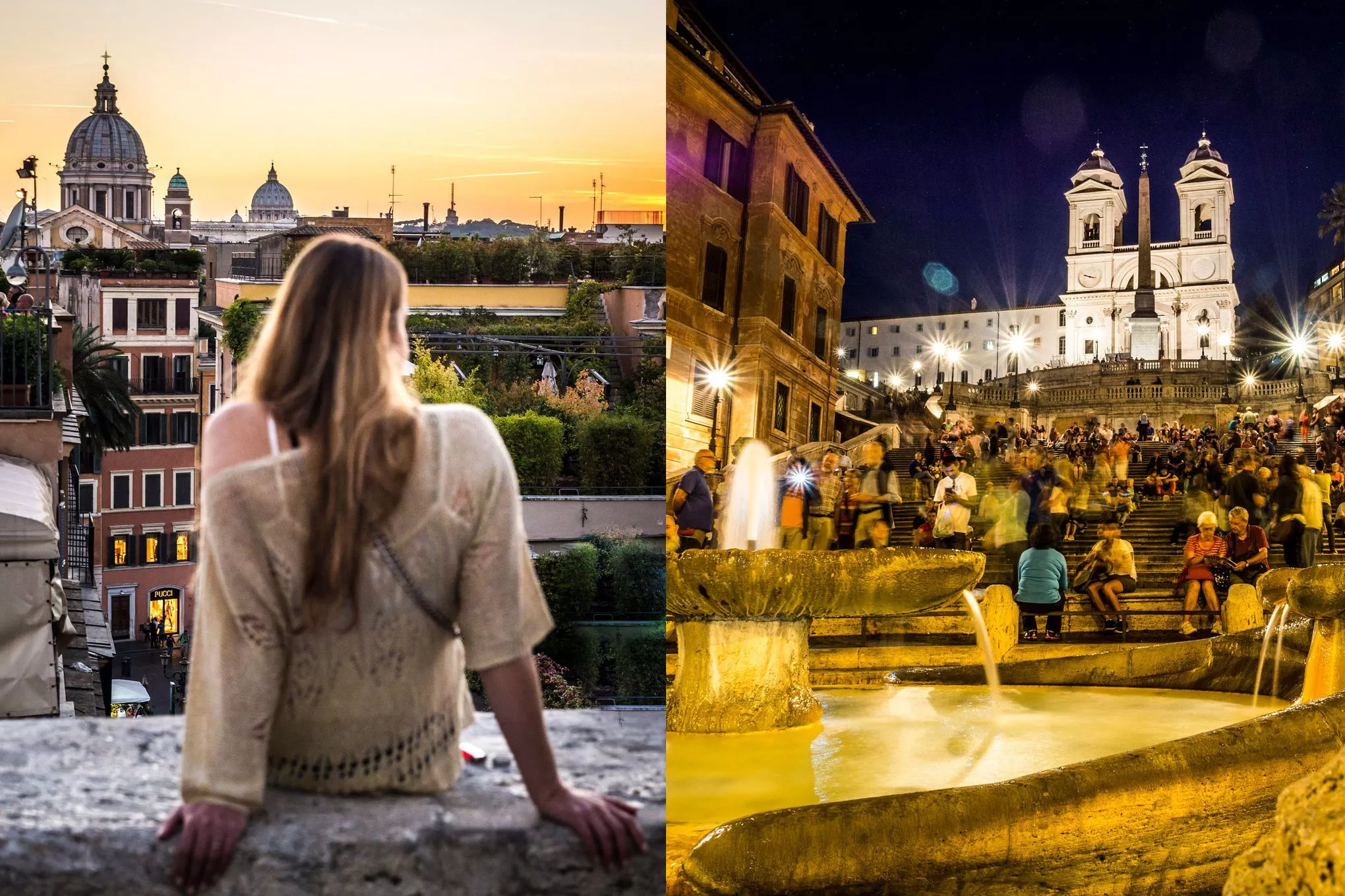 Romantischer Hotspot: die Piazza di Spagna. Auf einer kleinen Mauer lassen sich herrliche Sonnenuntergänge genießen (links), während die Spanische Treppe (rechts) bei Honeymoonern beliebt ist 