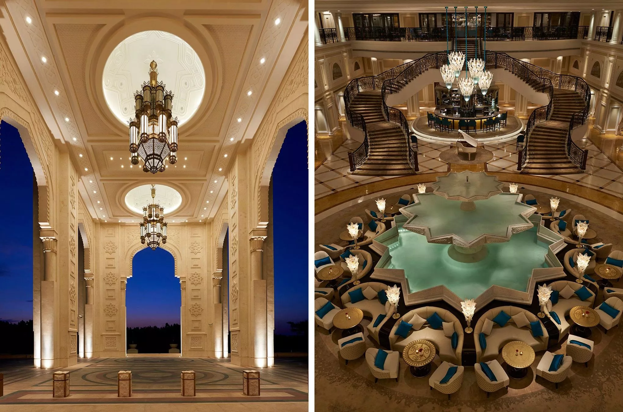 Luxus im orientalischen Gewand am Eingang des Waldorf Astoria (links) und in einem der Treppenhäuser