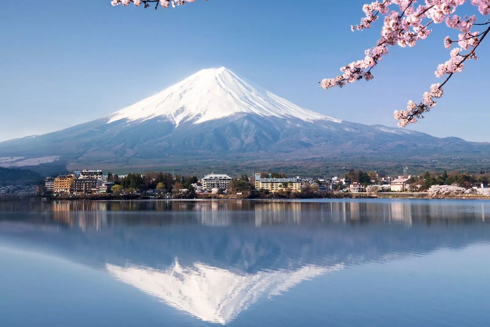 Schneebedeckter Mount Fuji über einem See mit Stadt am Ufer; Kirschblüten im Vordergrund.