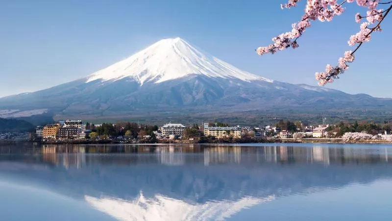 Schneebedeckter Mount Fuji über einem See mit Stadt am Ufer; Kirschblüten im Vordergrund.