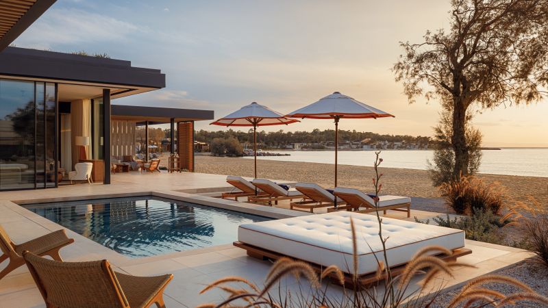 Moderne Villa mit Pool, Lounge-Möbeln und Sonnenschirmen am Strand, Blick aufs Wasser bei Sonnenuntergang.