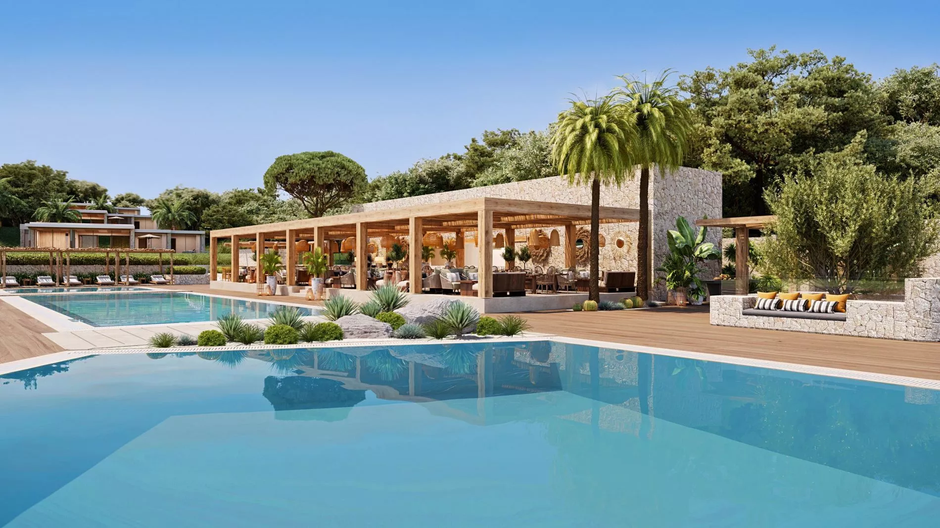 Poolbereich mit Holzpavillon, Palmen, Steinmauern und Lounge am Wasser