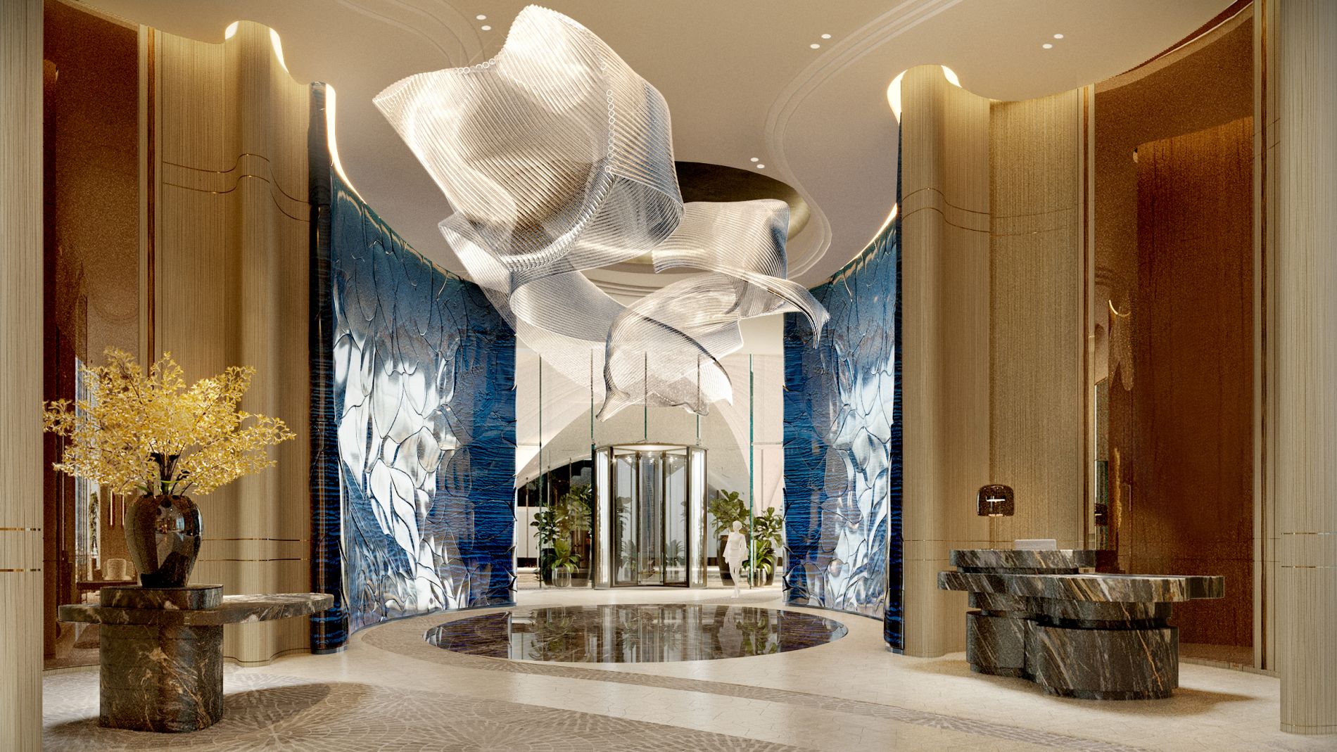 Luxuriöse Hotellobby im Jumeirah Marsa Al Arab mit blauen skulpturalen Wänden, schwebender Weiß-Skulptur und Wasserbecken