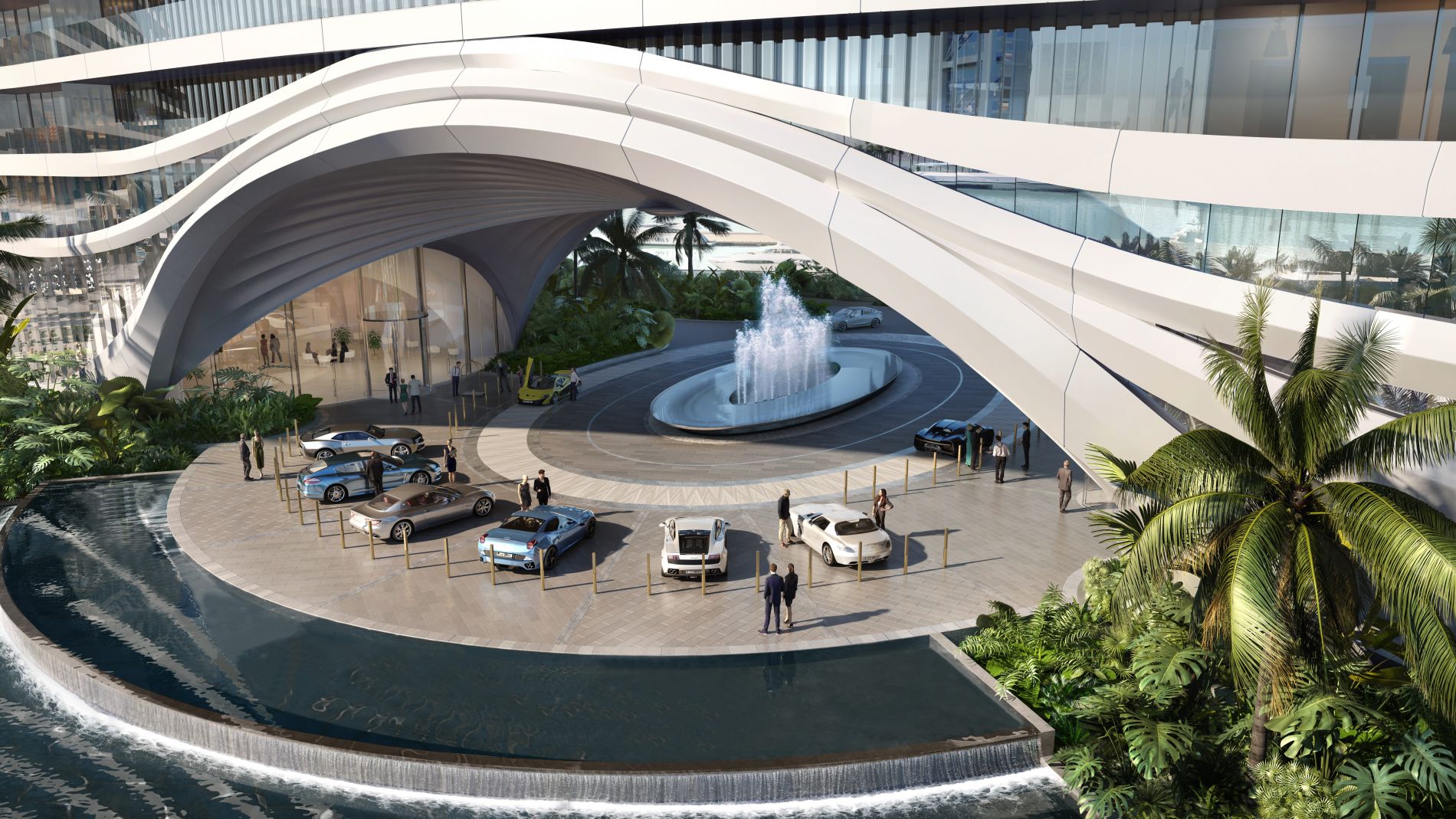 Außenansicht eines modernen Jumeirah-Gebäudes mit weißem geschwungenem Bogen, zentraler Springbrunnen, Autos und Palmen.