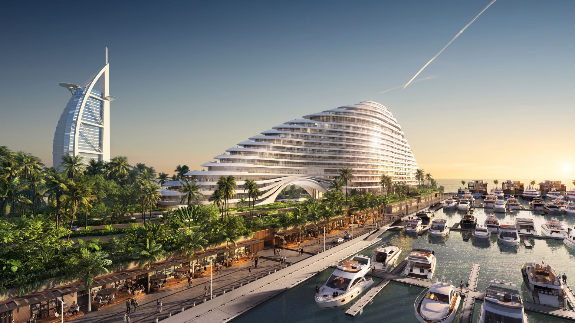 Futuristisches Resort am Jumeirah-Marinahafen: geschichtete weiße Struktur, Turm mit Segel, Palmen und Yachten.