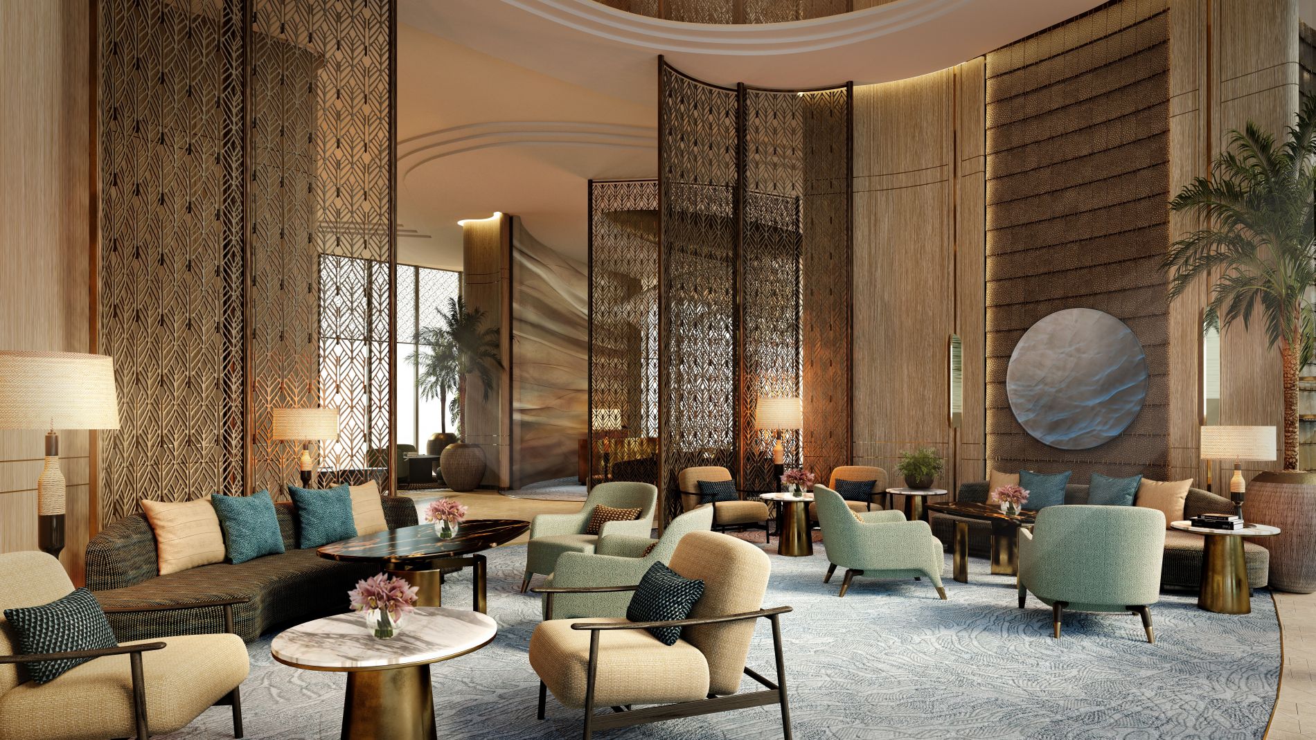 Luxuriöse Hotellobby mit Sitzgruppen, Paravents, Palmen und warmem Licht.