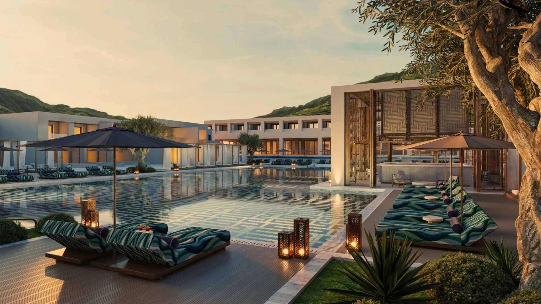 Poolbereich des Amoh Resort Rhodes, Luxury Collection: Becken mit Musterfliesen, Liegen unter Sonnenschirmen, moderne Architektur.