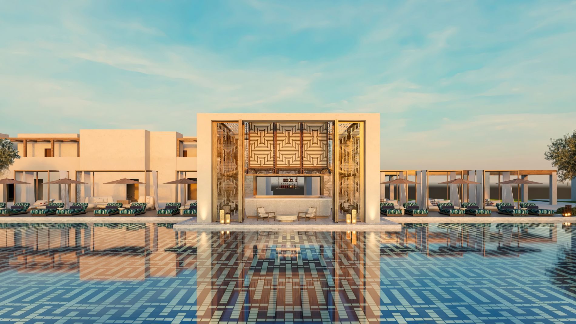 Luxuriöser Poolbereich am Amoh Resort Rhodos; zentraler Pavillon mit geometrischen Lamellen, Liegen mit Sonnenschirmen, ruhiges Spiegelwasser.