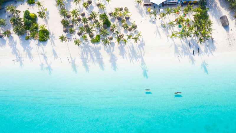 Luftaufnahme eines palmengesäumten Sandstrandes an Sansibar, türkisfarbenes Wasser, Boote im Meer. Luftaufnahme eines palmengesäumten Sandstrandes an Sansibar, türkisfarbenes Wasser, Boote im Meer.