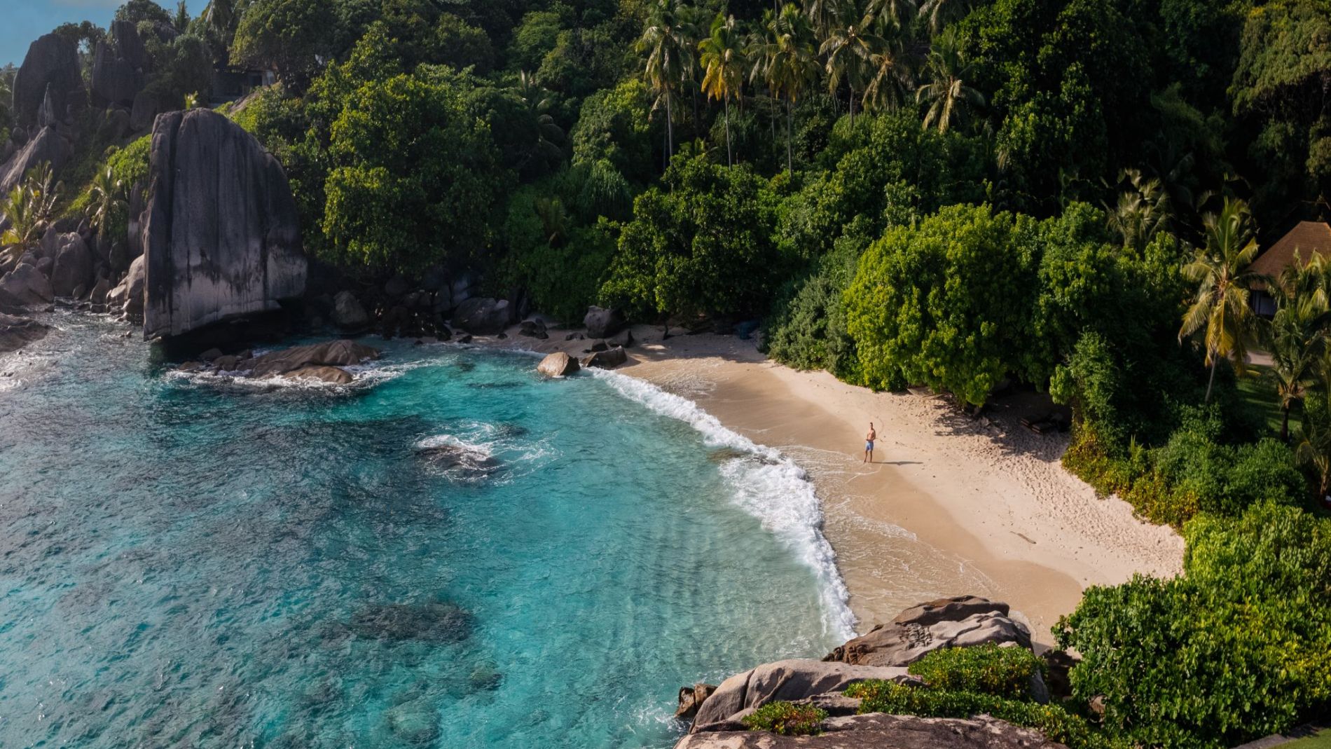 Anse Peniche am Zil Pasyon: türkis Wasser, Felsenküste, Palmenwald, kleiner Sandstrand mit einer Person.