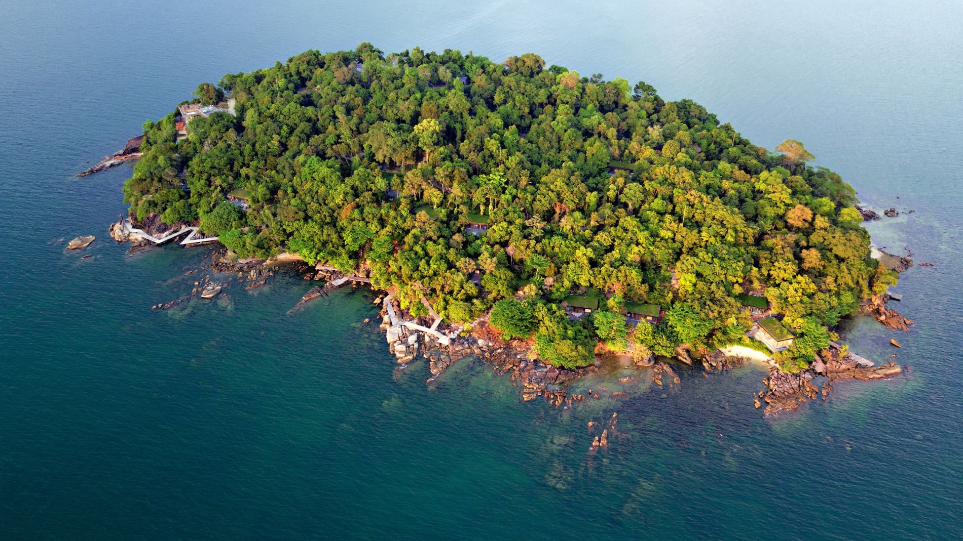 Luftaufnahme einer dicht bewaldeten Insel mit felsiger Küste und Gebäuden am Ufer, von Wasser umgeben