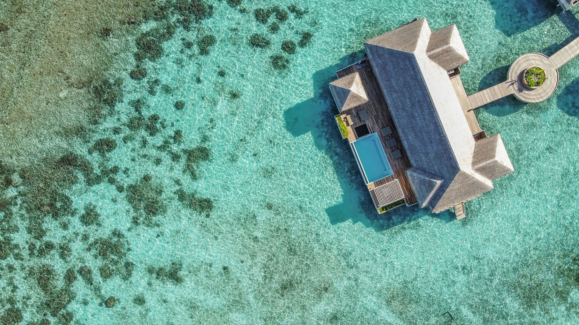 Überblick auf eine Villa im Wasser, umgeben von klarem, türkisfarbenem Wasser und lebendigem Korallenbewuchs.