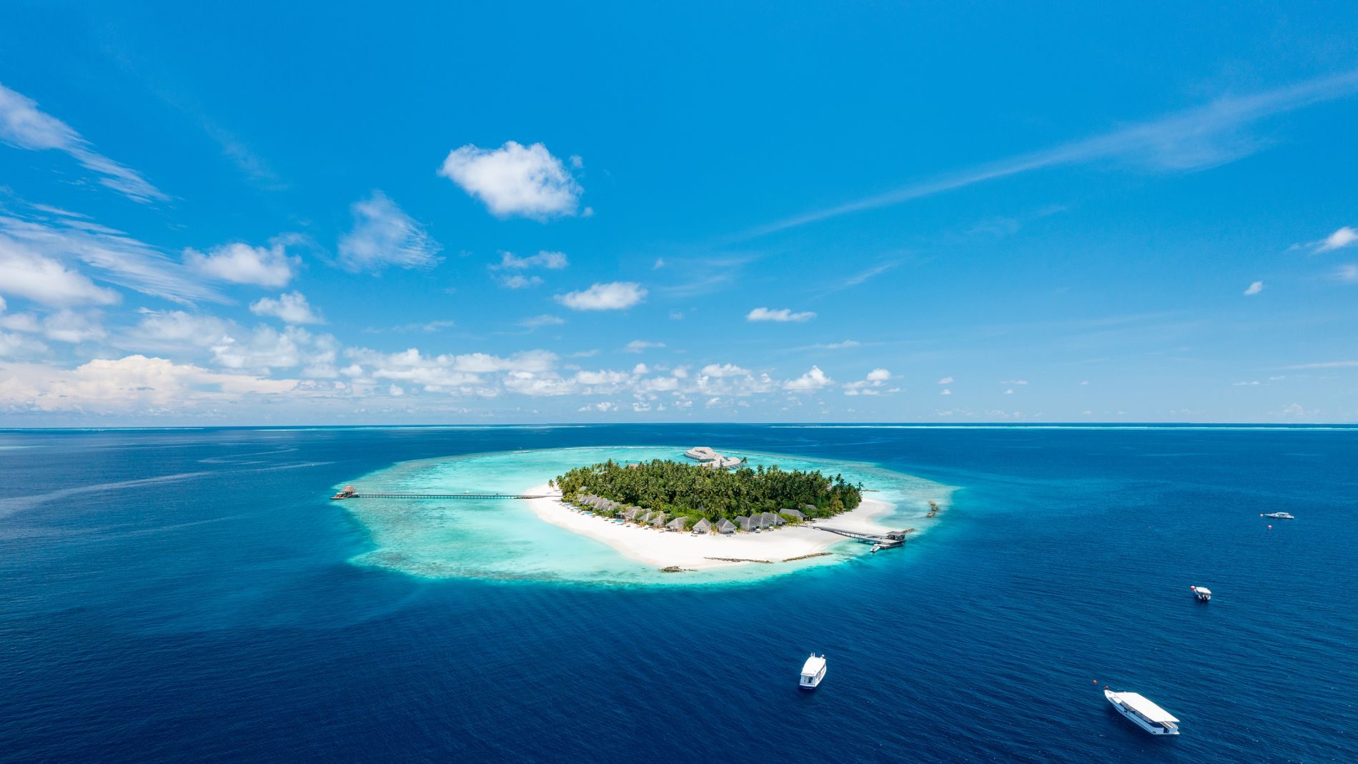 Luftaufnahme einer tropischen Insel mit weißem Sand, Palmen und türkisfarbenem Wasser, umgeben von Yachten.