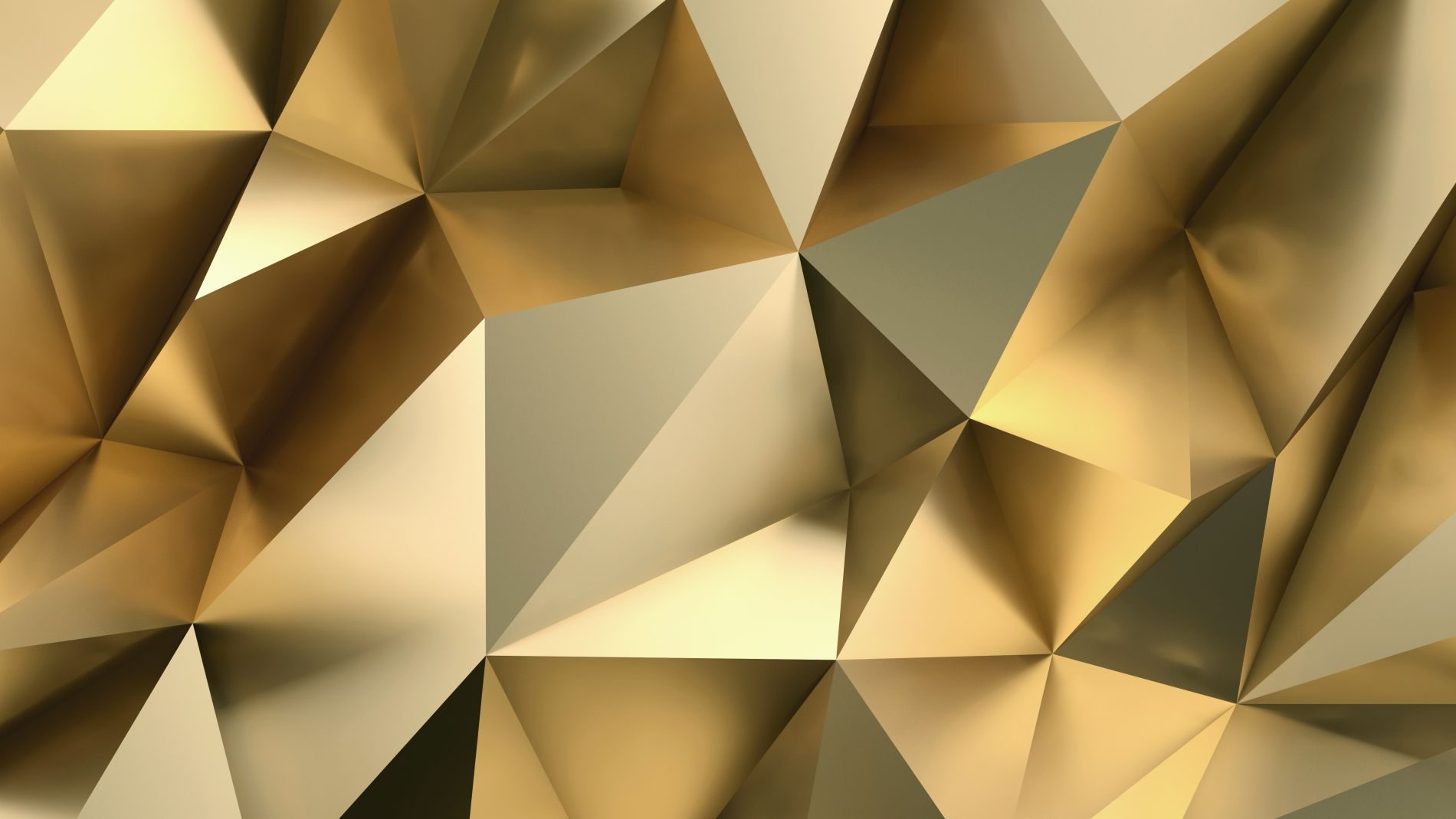 Goldene abstrakte Fläche mit dreidimensionalen, glänzenden, geometrischen Formen und Facetten.