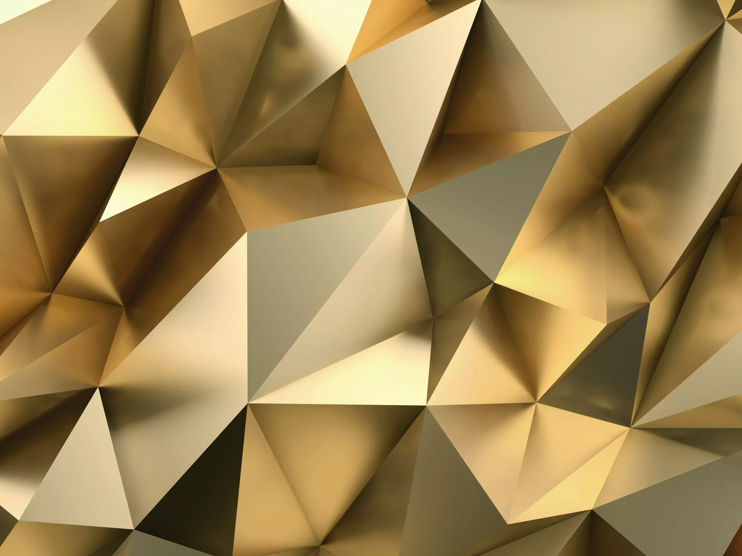Goldene abstrakte Fläche mit dreidimensionalen, glänzenden, geometrischen Formen und Facetten.