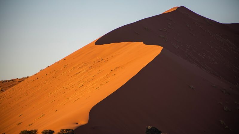 Eine große Sanddüne namens Big Daddy im Sossusvlei, umgeben von flachen Grasflächen und einem klaren Himmel im Namib-Naukluft National Park, Namibia.
